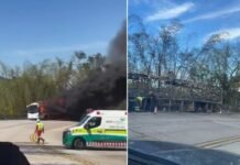 Ônibus de turismo pega fogo na BR-116 em Teresópolis