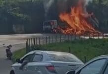 Caminhão carregado de papelão pega fogo na RJ-186 em Pádua