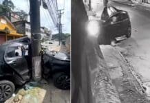 Câmera flagra carro destruído após bater em poste na Rua Teresa, em Petrópolis